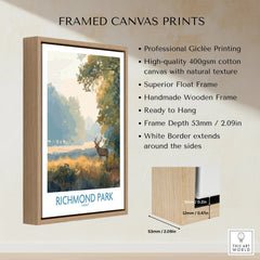 Framed Richmond Park wall art print with float frame, woodland landscape, product detail list