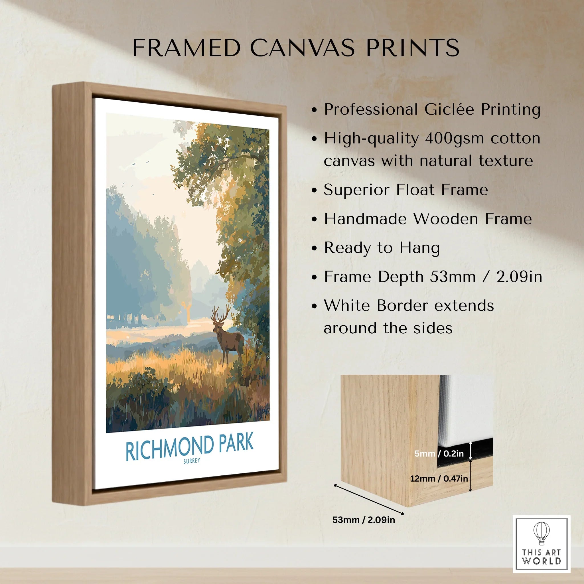 Framed Richmond Park wall art print with float frame, woodland landscape, product detail list