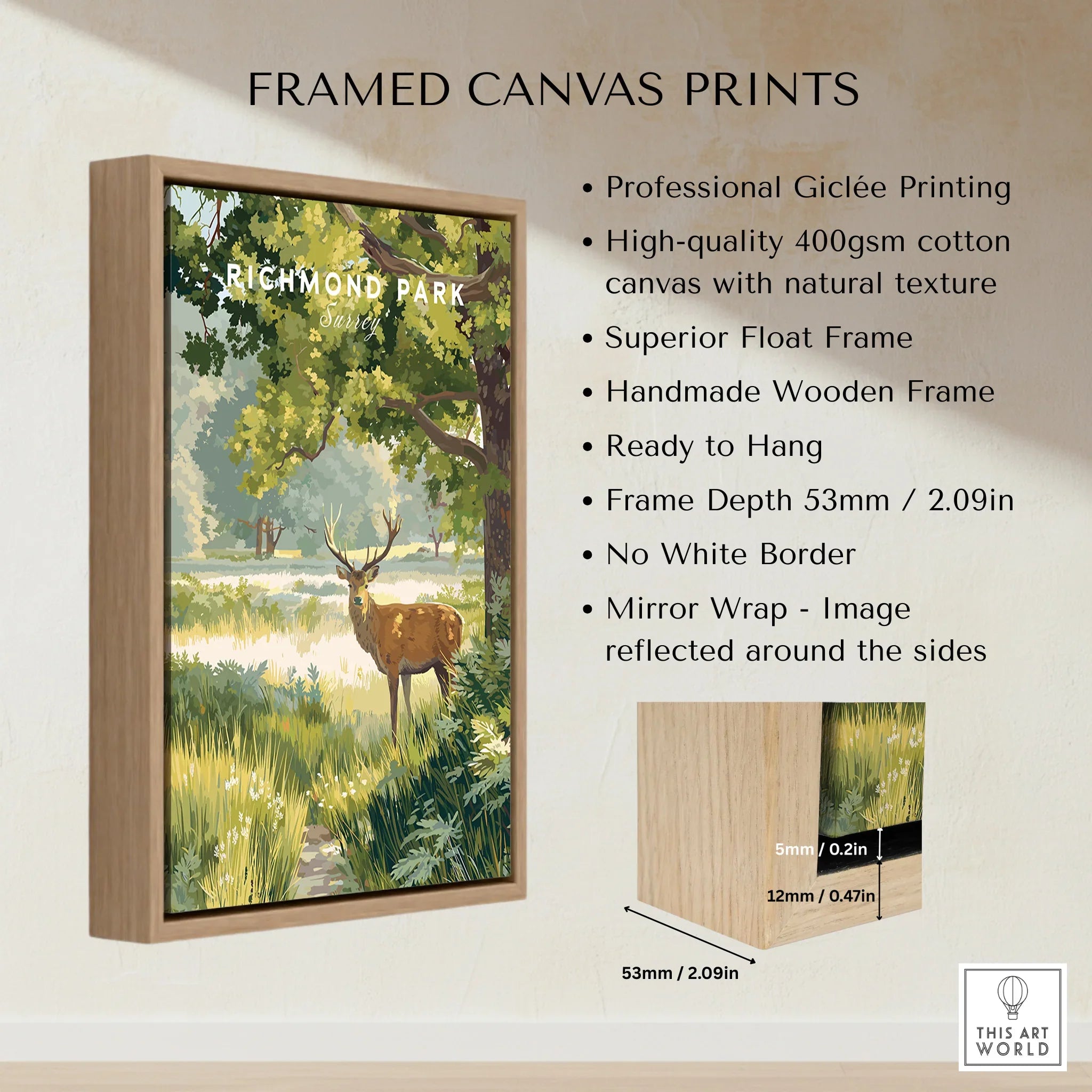 Richmond Park wall art framed canvas print with float wooden frame, showing a deer in a sunlit forest scene.