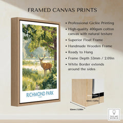 Framed canvas wall art print of Richmond Park with deer, float frame details, and product features.