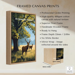 Framed canvas print of Richmond Park with deer and tree, float frame details, home decor wall art