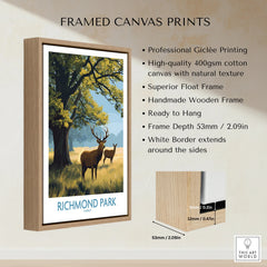 Framed canvas print of Richmond Park featuring deer, tree, float frame and wood detail