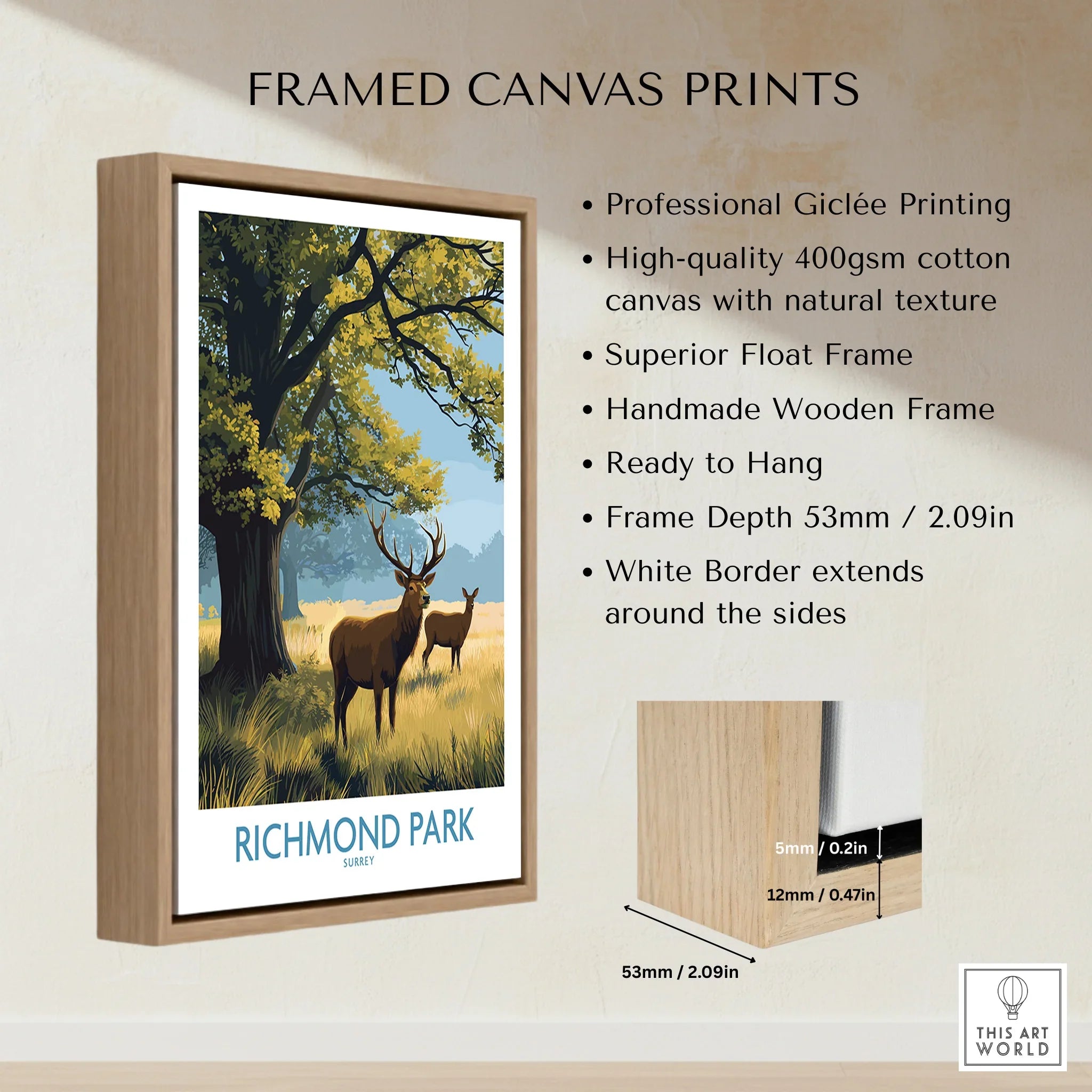 Framed canvas print of Richmond Park featuring deer, tree, float frame and wood detail