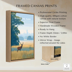 Richmond Park travel poster in a wood float frame, canvas print wall art details shown