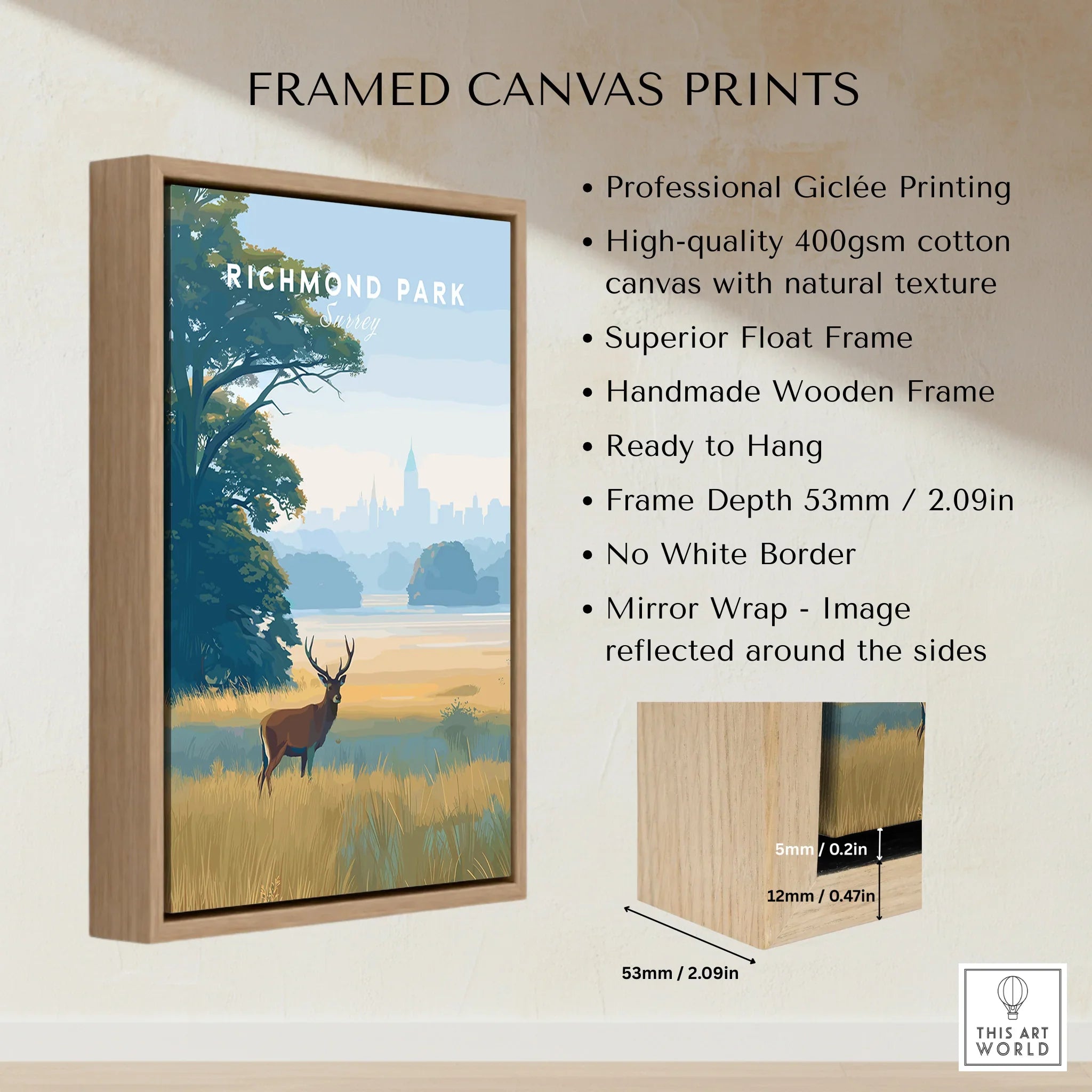 Richmond Park travel poster in a wood float frame, canvas print wall art details shown