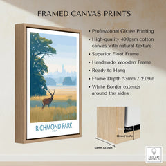 Framed Richmond Park canvas print with float frame, deer illustration, and product details