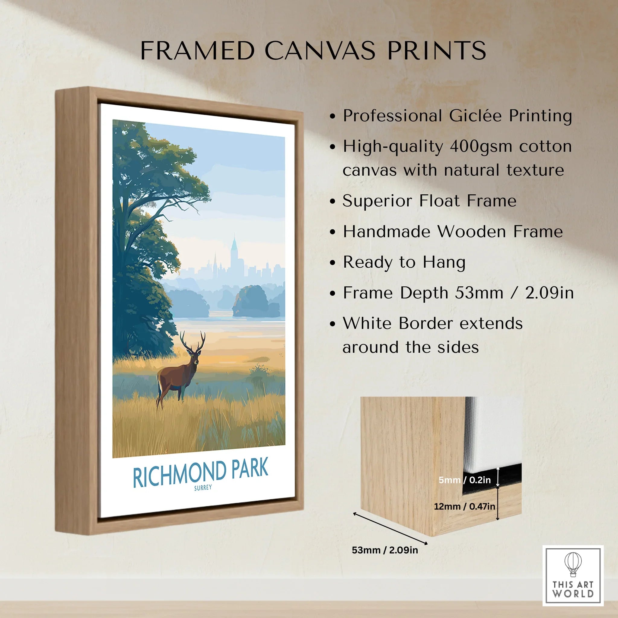 Framed Richmond Park canvas print with float frame, deer illustration, and product details