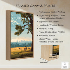Framed canvas print of Richmond Park with deer, city skyline, float wooden frame details