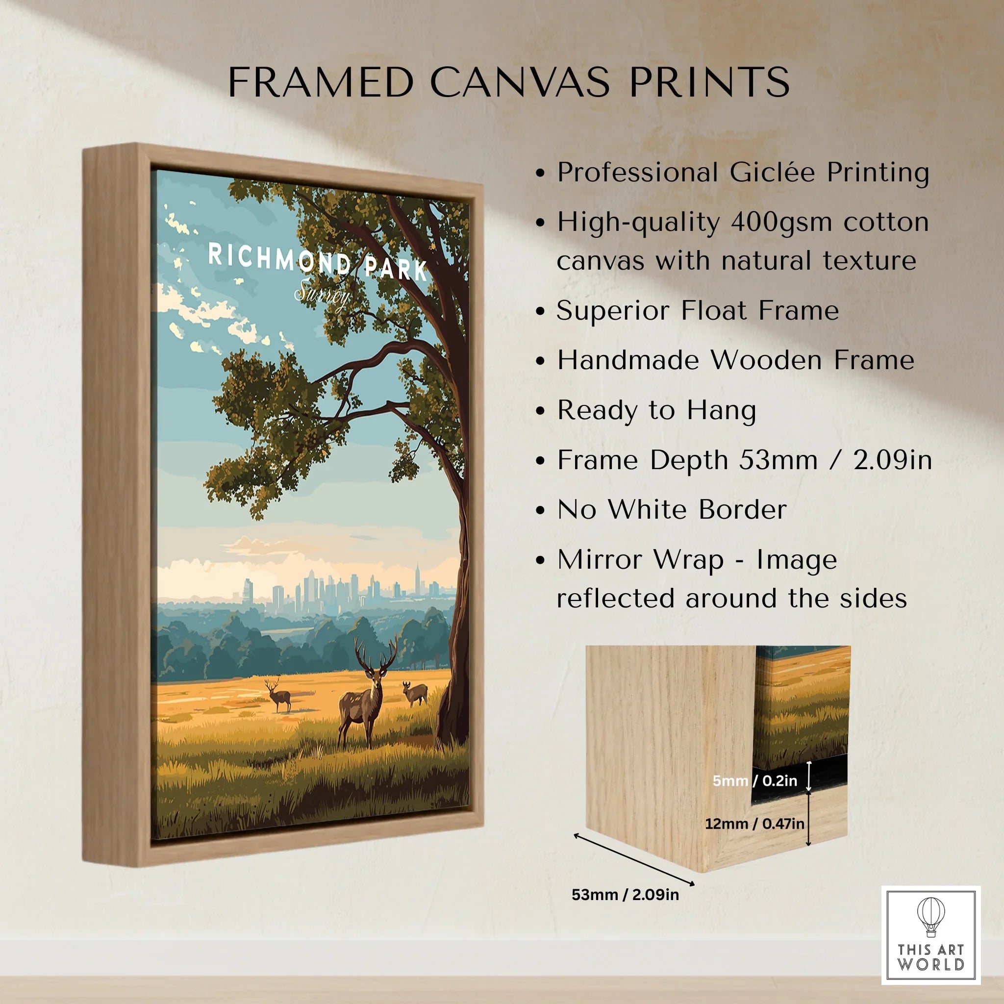 Framed canvas print of Richmond Park with deer, city skyline, float wooden frame details
