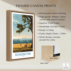 Framed Richmond Park art print with float frame, deer and city skyline, canvas wall decor