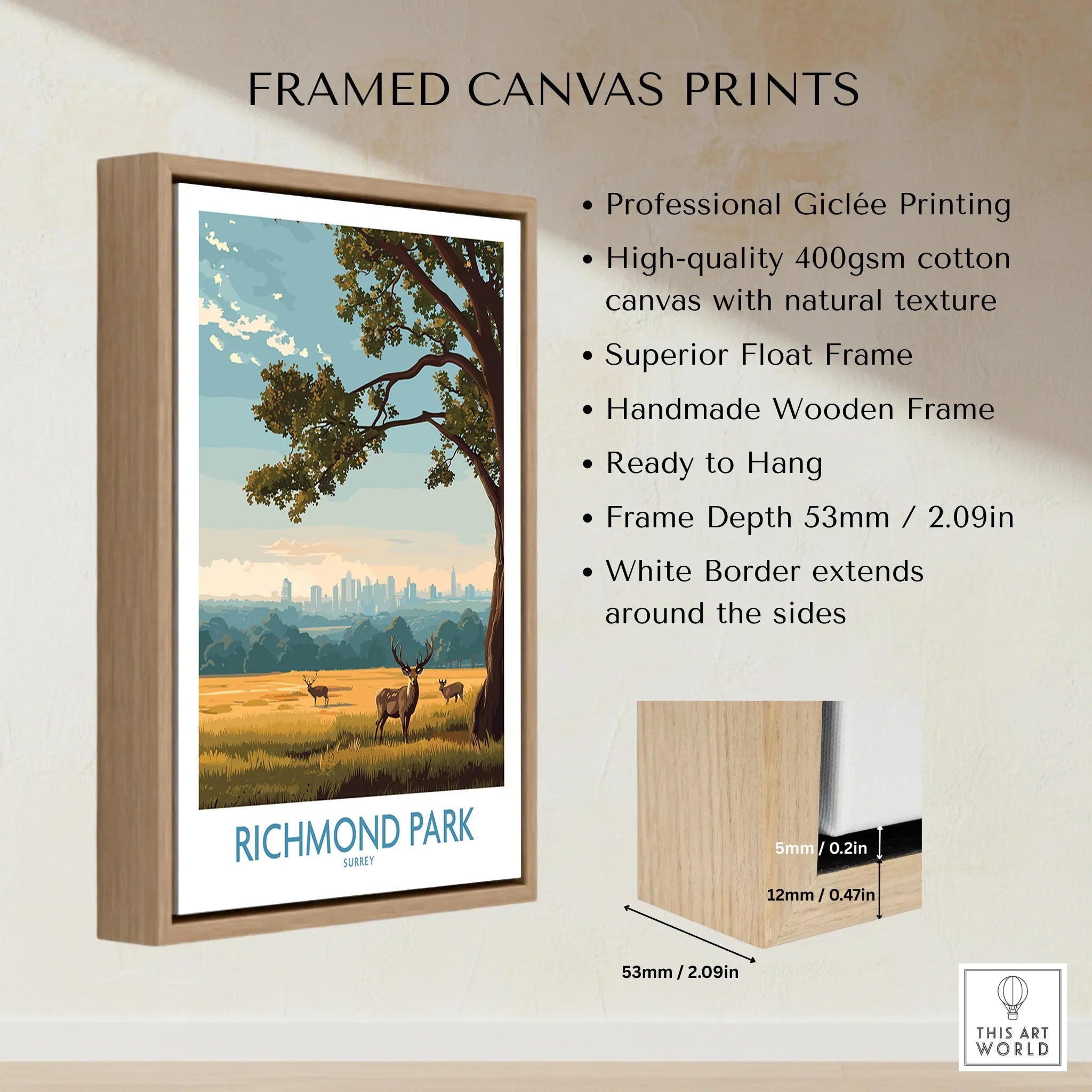 Framed Richmond Park art print with float frame, deer and city skyline, canvas wall decor