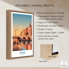 Rimini Italy Poster | Vintage Vespa & Historic Bridge Canvas Print in a wooden frame with detailed features.