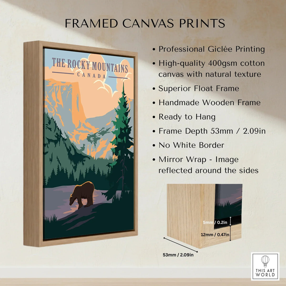 Framed canvas print of The Rocky Mountains Canada with bear, pine trees, float wooden frame