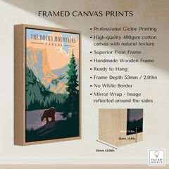 Framed canvas print of The Rocky Mountains Canada with bear, pine trees, float wooden frame