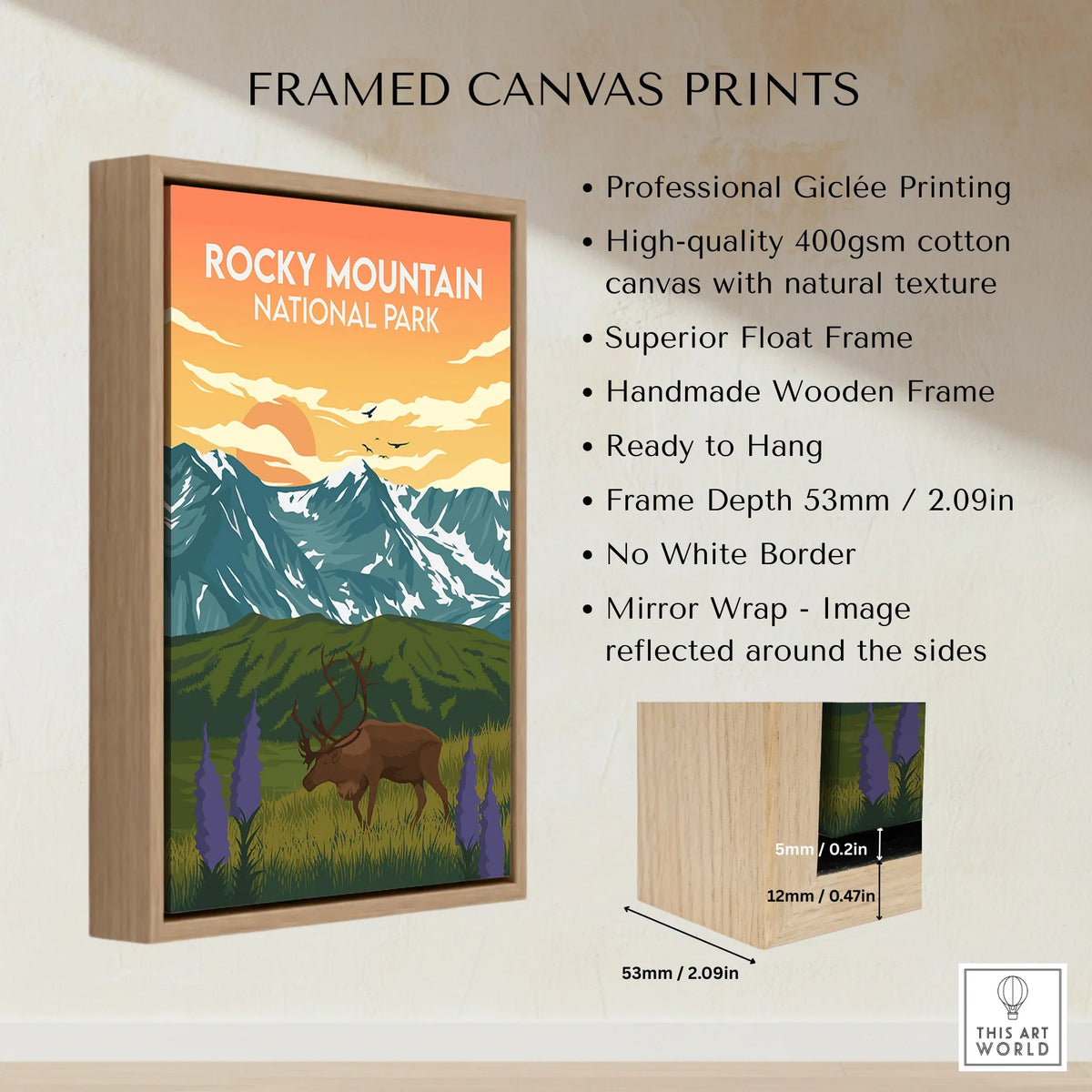 Framed Rocky Mountain National Park canvas print with elk, mountains, and wooden float frame.
