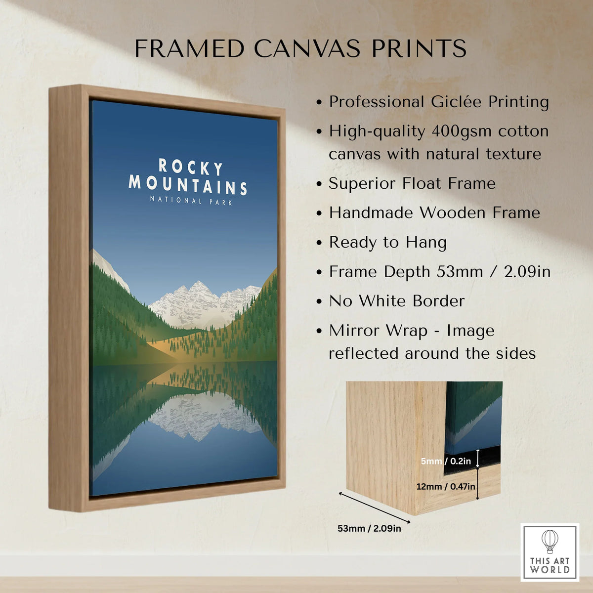 Framed canvas print of Rocky Mountains National Park with float frame and detailed side view.