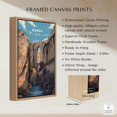 Ronda Spain Wall Art Print | Puente Nuevo Gorge Waterfall Travel Poster framed canvas print with natural texture.