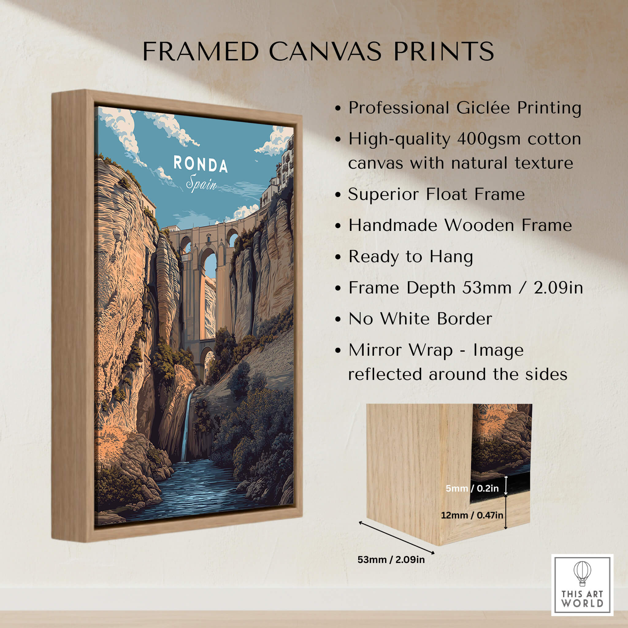 Ronda Spain Wall Art Print | Puente Nuevo Gorge Waterfall Travel Poster framed canvas print with natural texture.