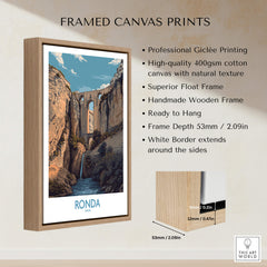 Ronda Spain Poster | Dramatic Andalusian Mountain Bridge Canvas Print framed with wooden frame, showcasing the iconic Puente Nuevo.