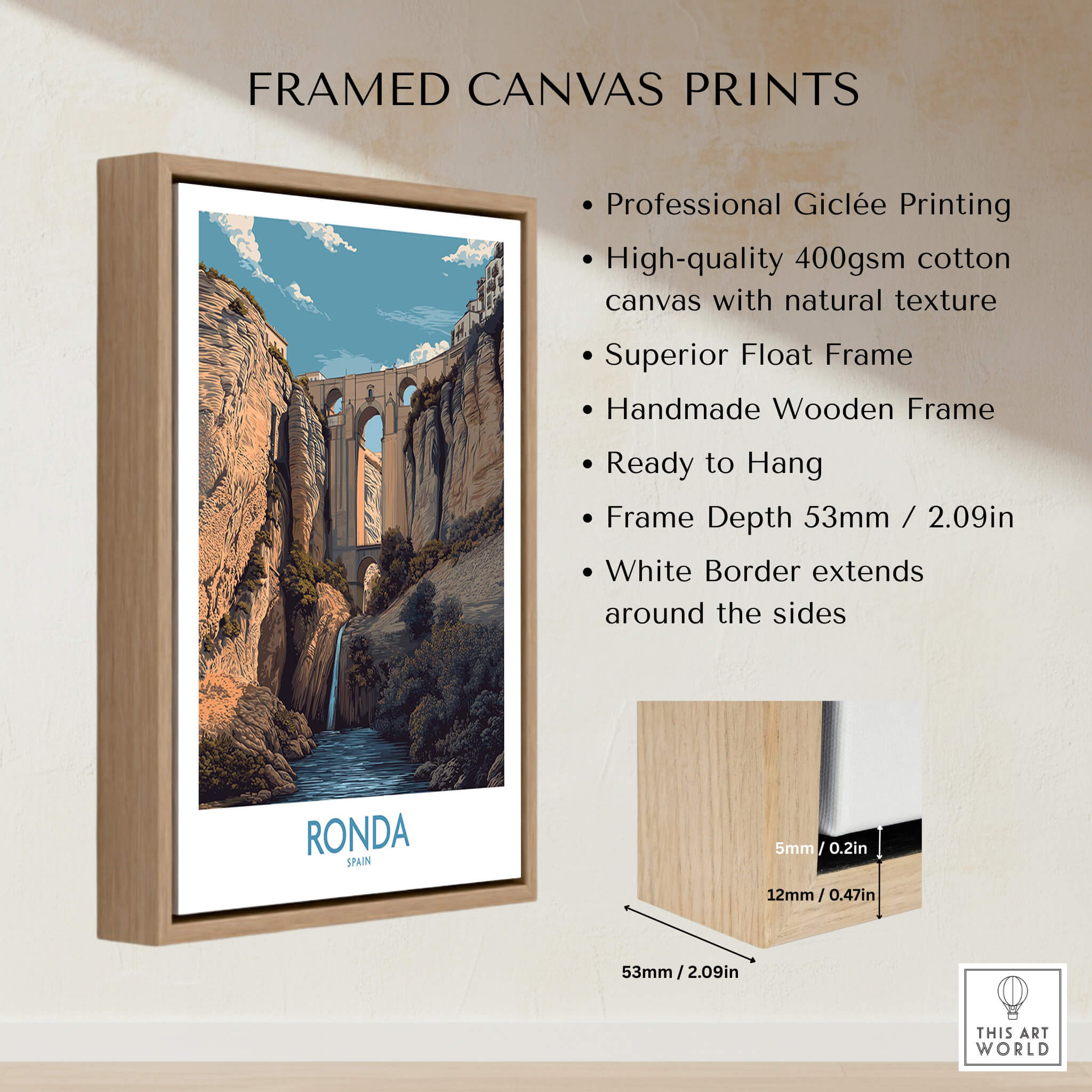 Ronda Spain Poster | Dramatic Andalusian Mountain Bridge Canvas Print framed with wooden frame, showcasing the iconic Puente Nuevo.