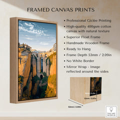 Ronda Spain Wall Art Print | Historic White Village Cliffside Travel Poster in a framed canvas design.