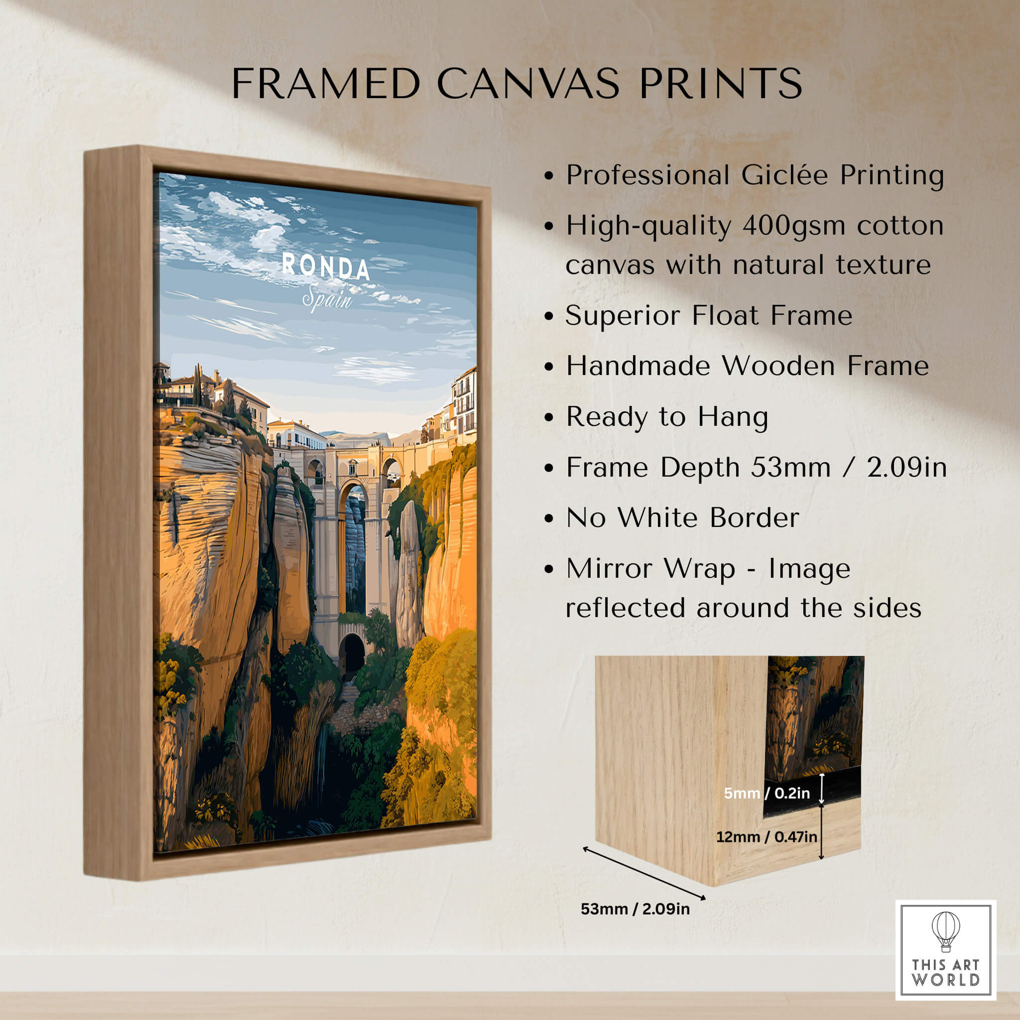 Ronda Spain Wall Art Print | Historic White Village Cliffside Travel Poster in a framed canvas design.