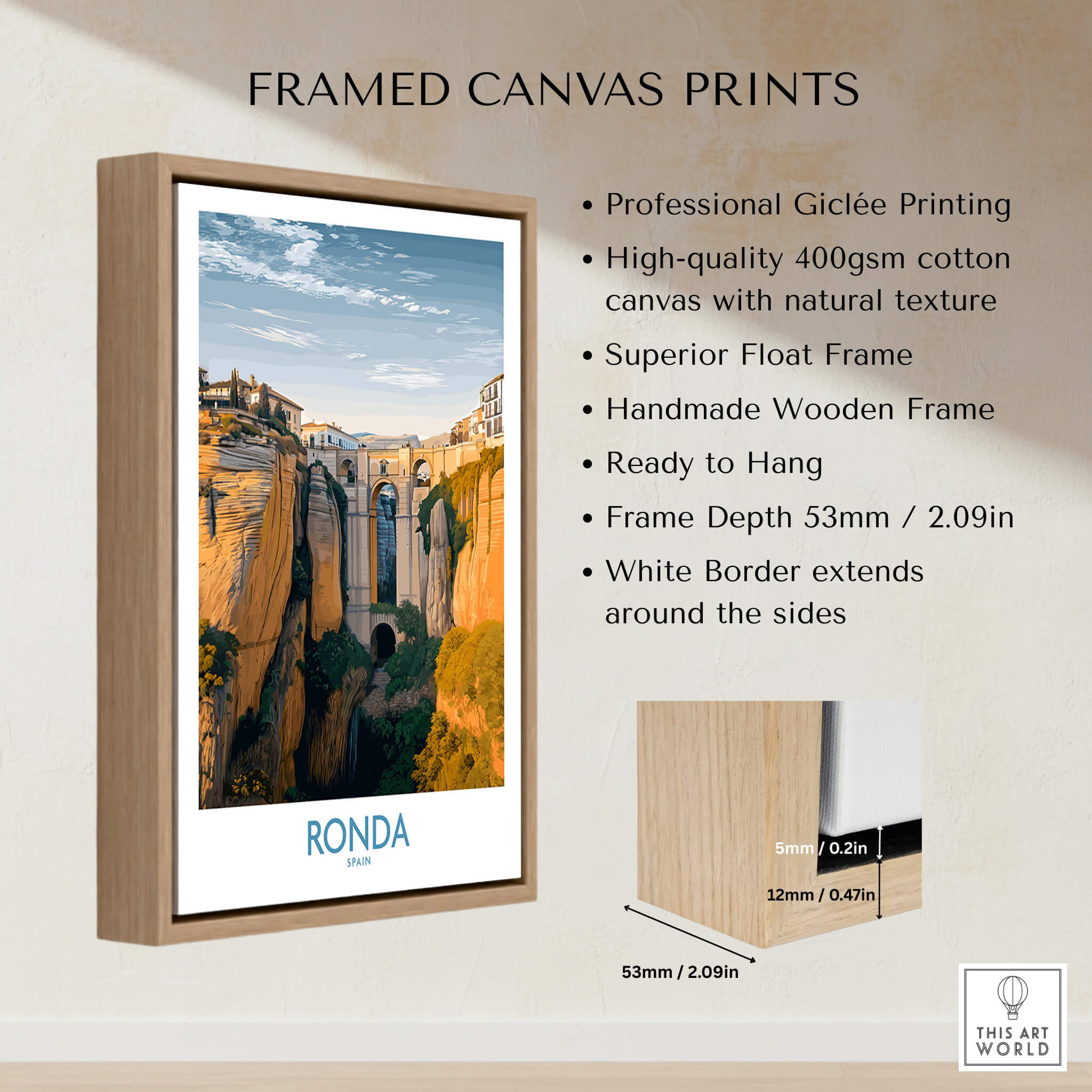 Ronda Spain Poster | Iconic Stone Bridge & Valley View Canvas Print displayed in a professional wooden frame.
