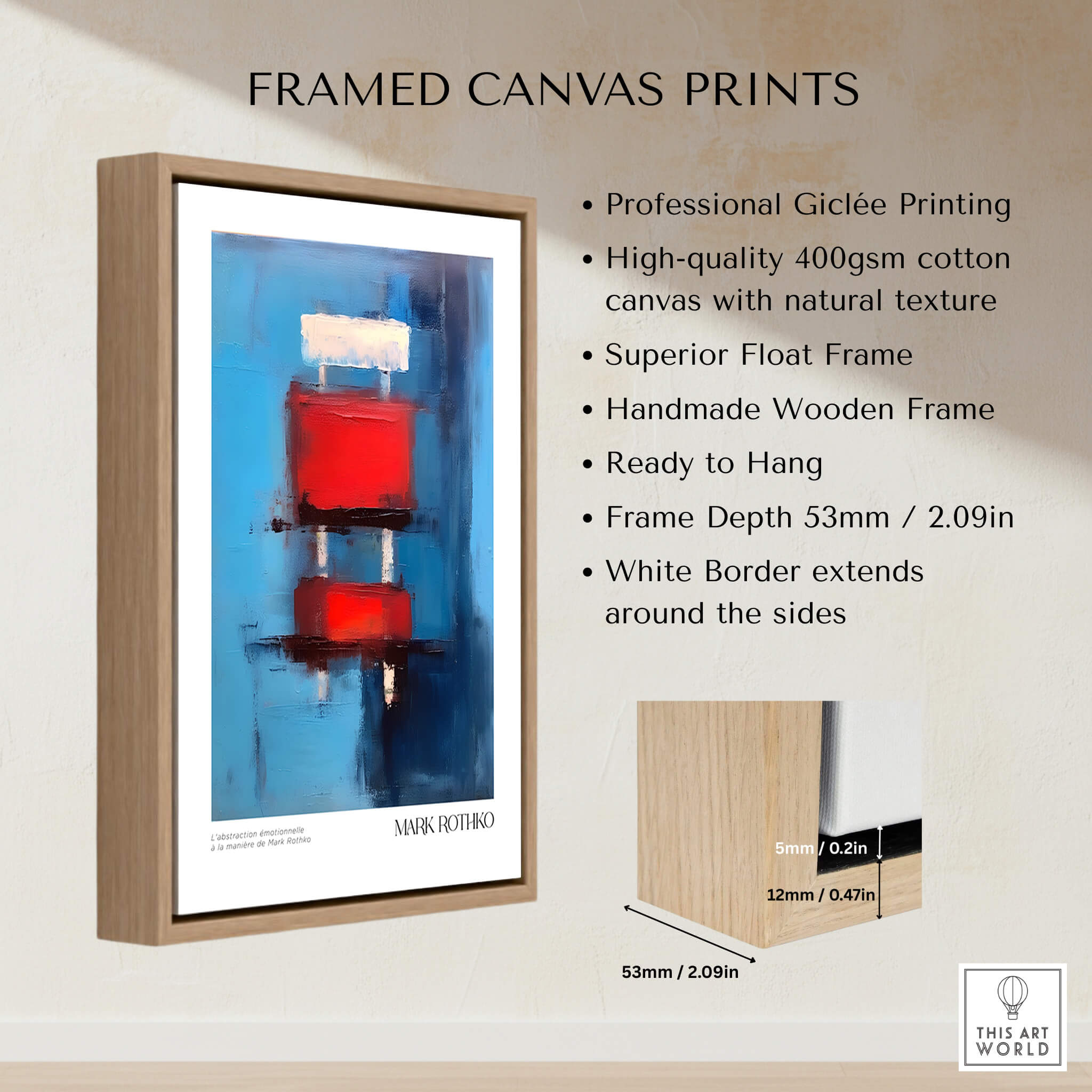 Rothko Inspired Abstract Red Blocks Art Print | Blue Background Wall Decor framed canvas print with wooden float frame