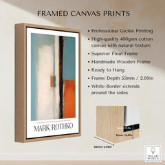 Rothko Inspired Abstract Teal and Orange Art Print | Minimalist Canvas Poster displayed in a framed canvas print.