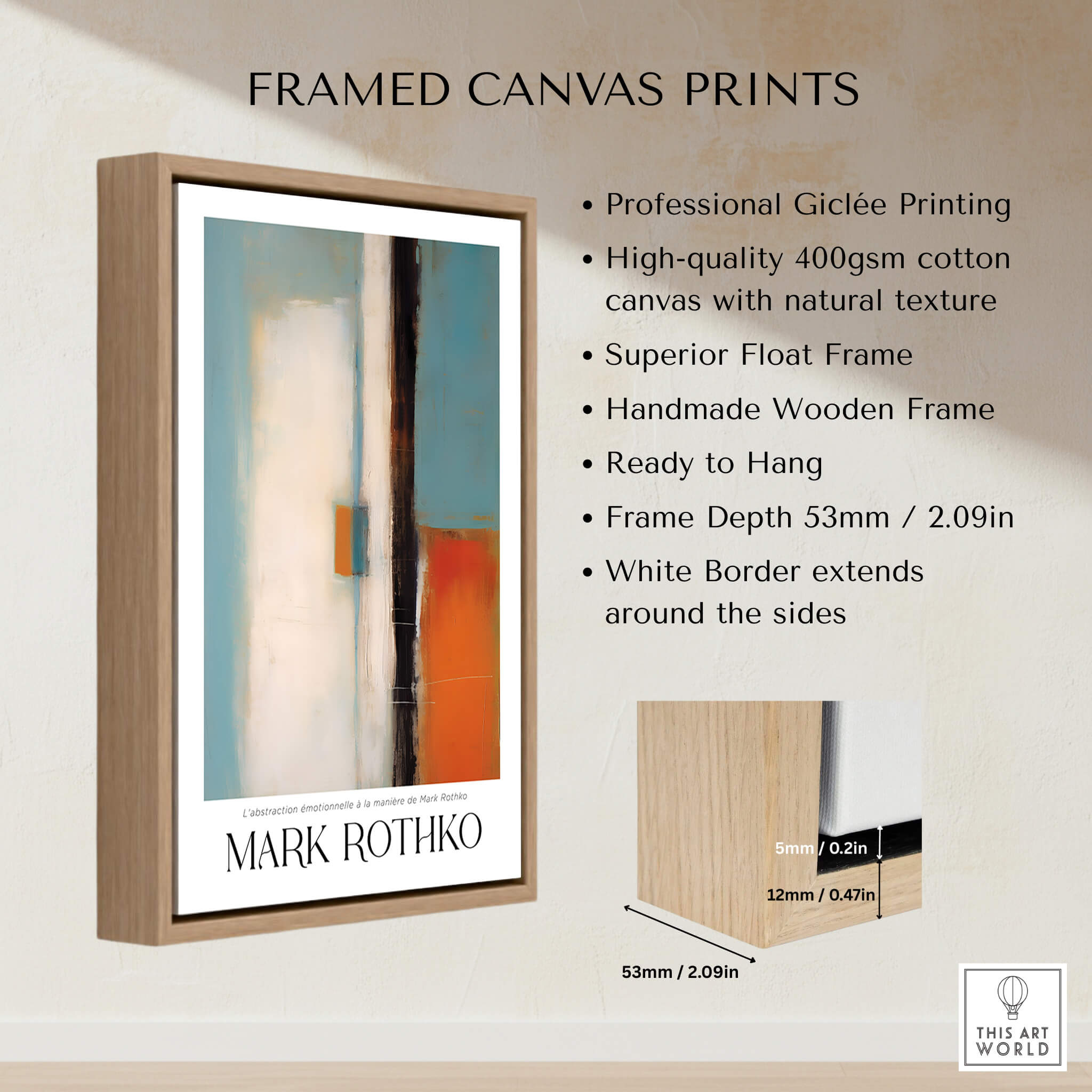 Rothko Inspired Abstract Teal and Orange Art Print | Minimalist Canvas Poster displayed in a framed canvas print.