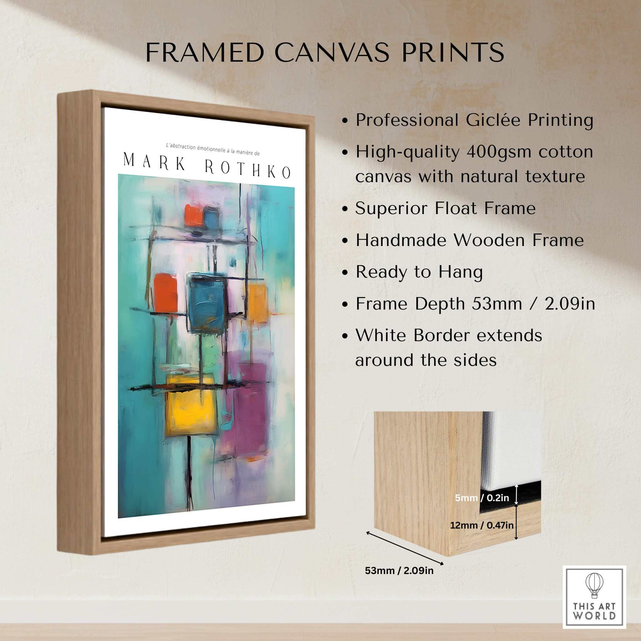 Rothko Style Floating Blocks Painting Print | Modern Abstract Canvas Wall Decor featuring framed giclee print details.