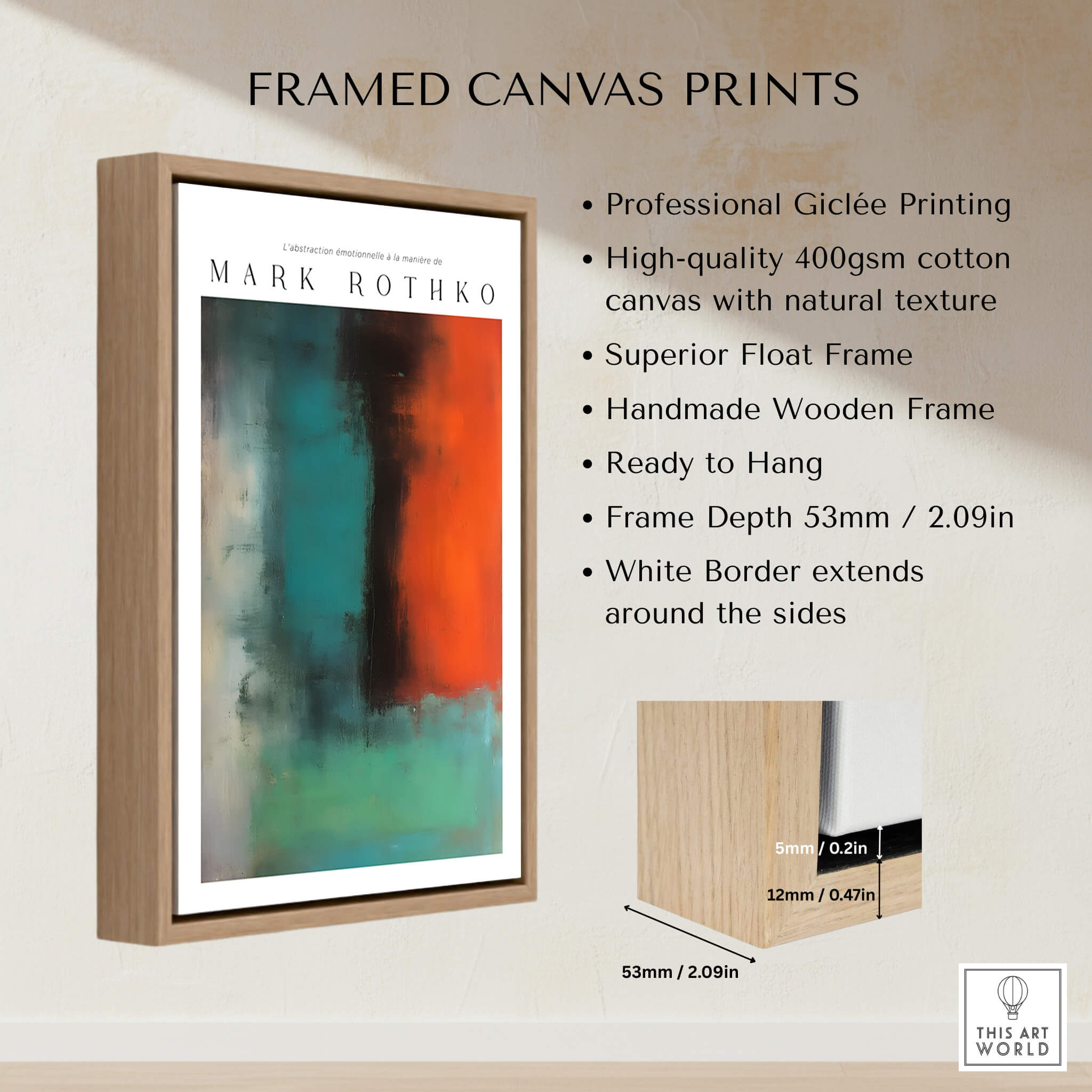 Mark Rothko Style Modern Canvas Abstraction Painting | Contemporary Wall Art framed with wooden frame and white border.