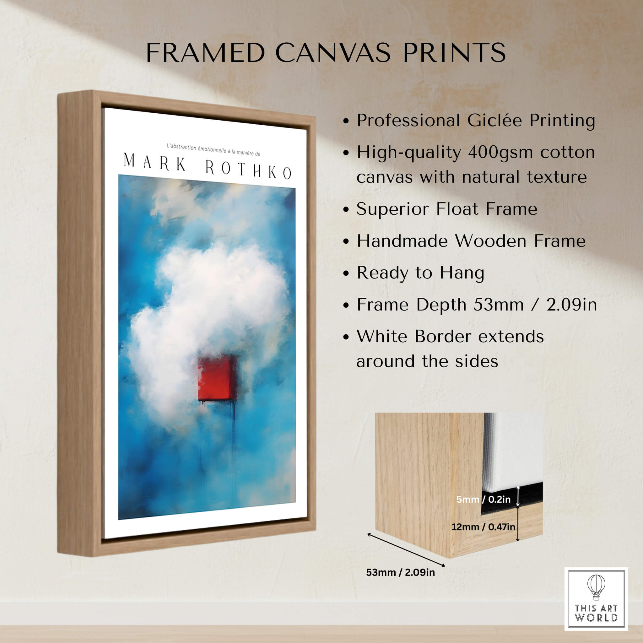 Rothko Style Minimalist Cloud Painting Print | Modern Abstract Wall Decor framed canvas print showcasing high-quality giclée printing.