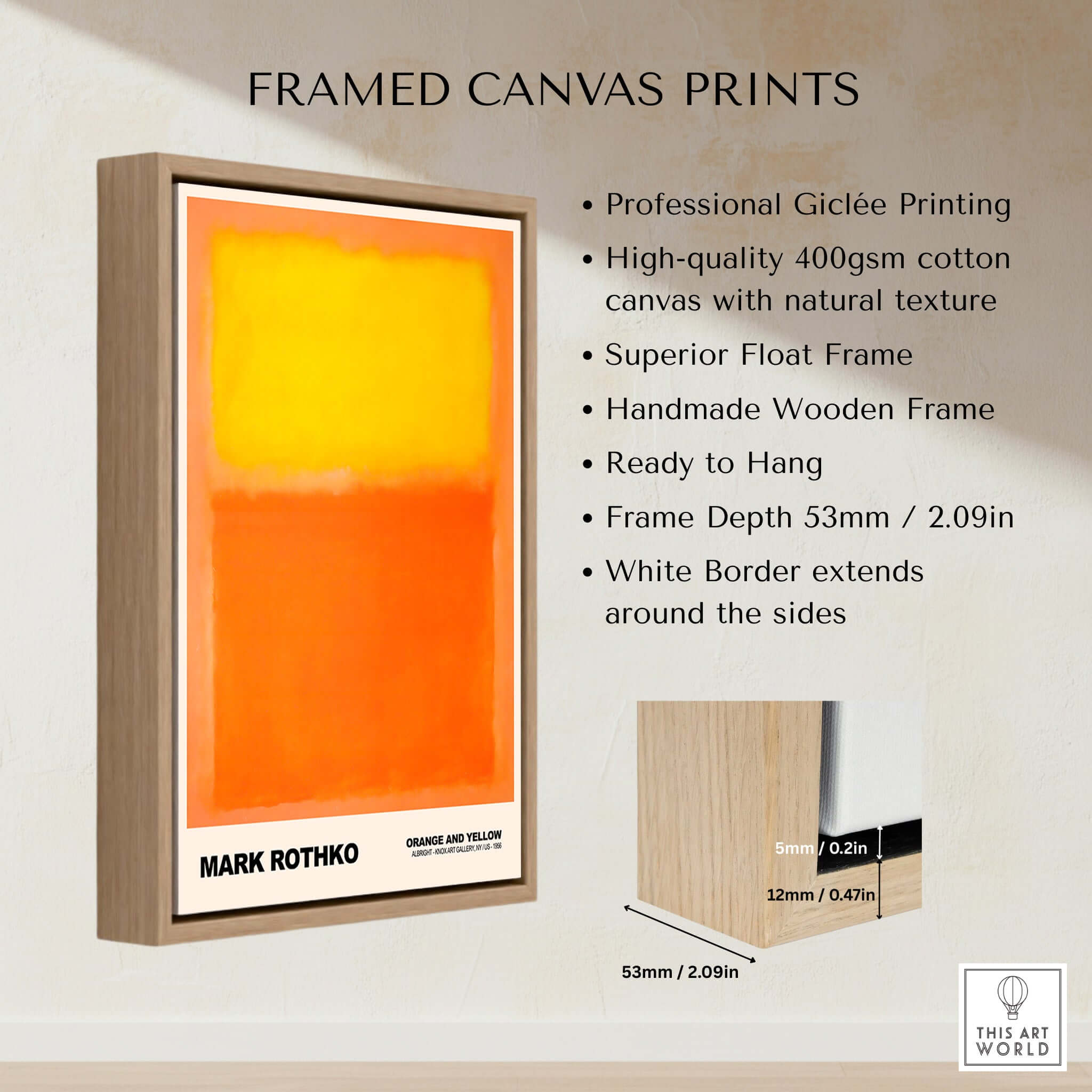 Mark Rothko Orange and Yellow 1956 Abstract Expressionism Art Print Color Field Poster framed canvas with natural texture.