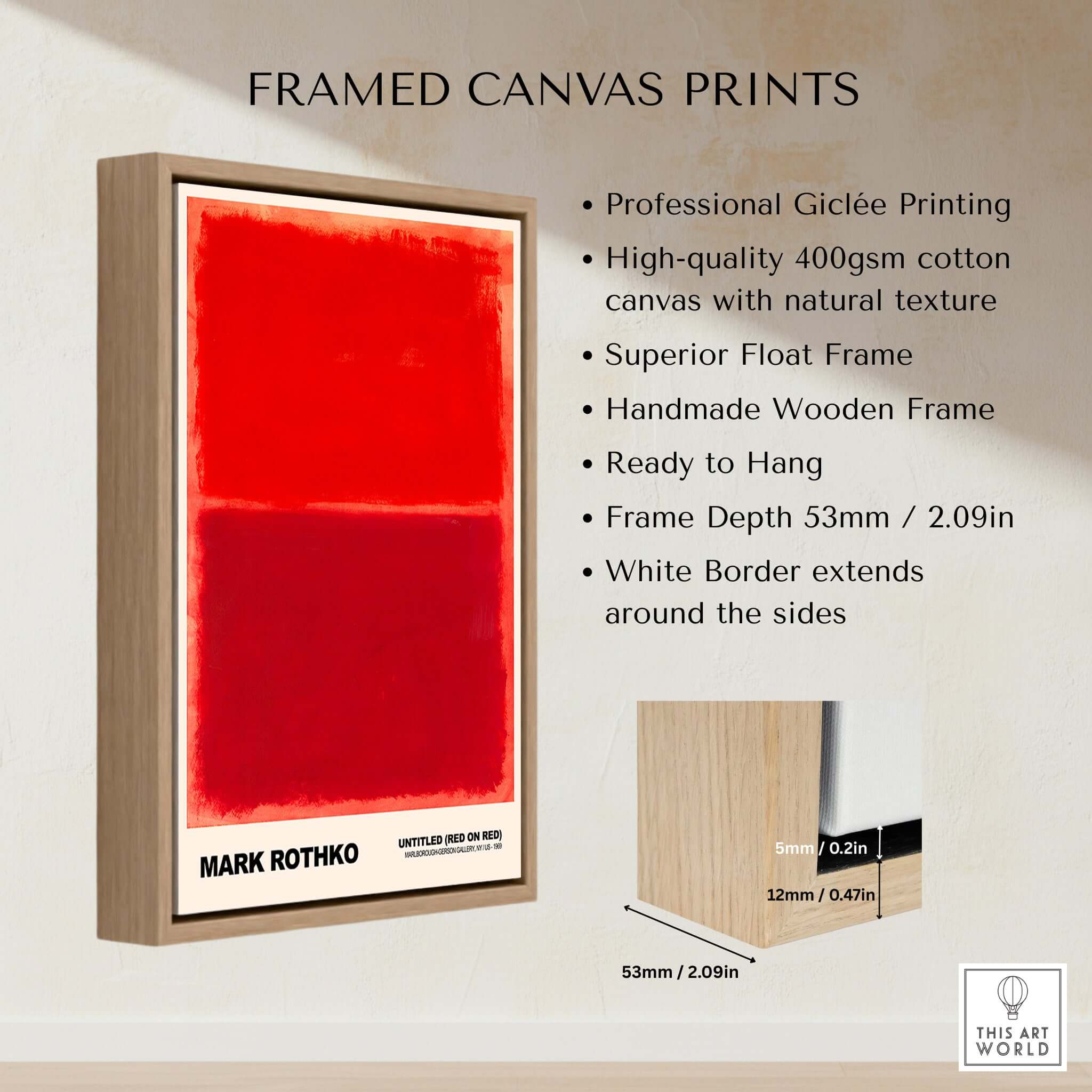 Mark Rothko Untitled Red on Red 1969 Abstract Art Print Color Field Painting Poster framed display with wooden frame.