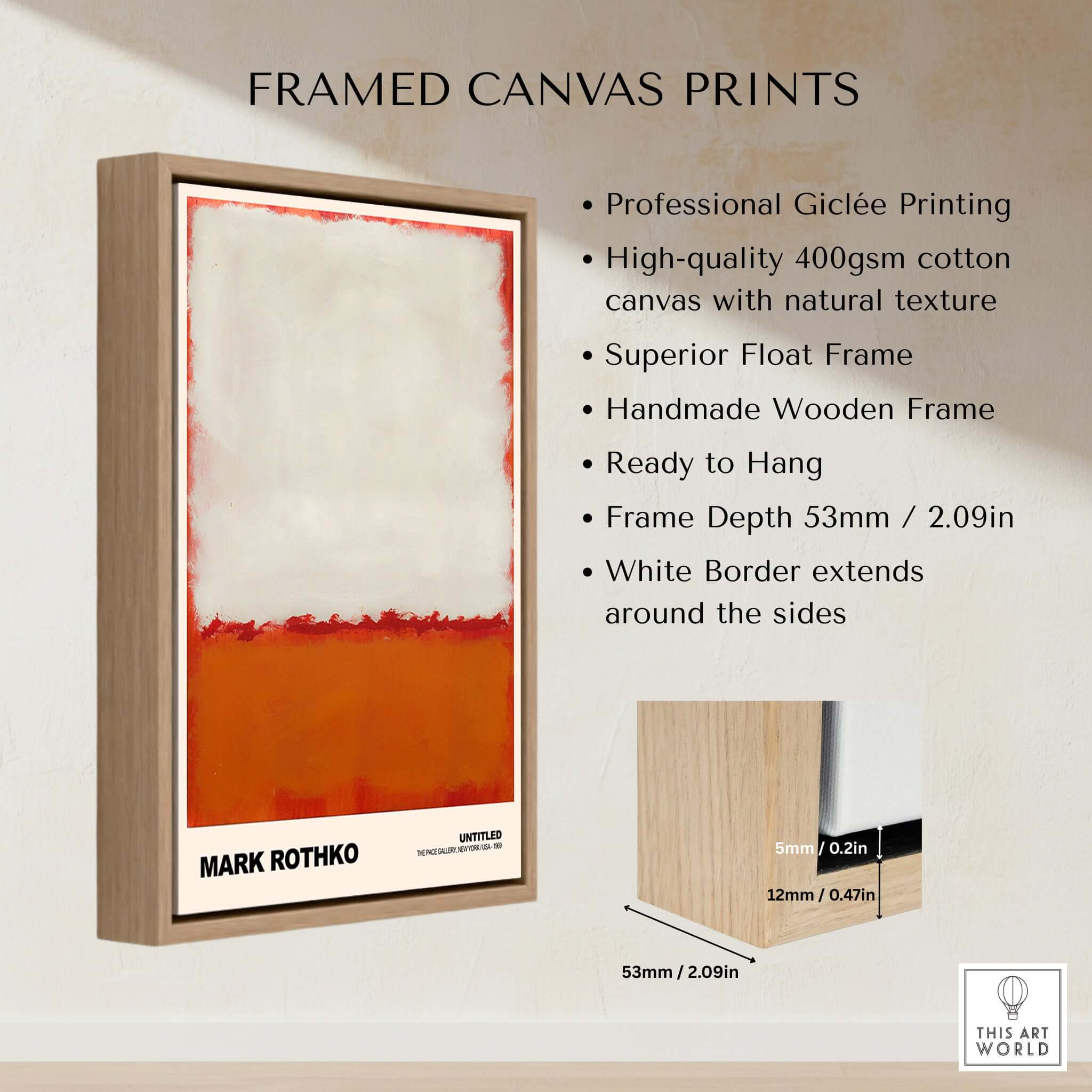 Mark Rothko Untitled 1969 Abstract Expressionism Poster White Orange Color Field Print displayed as a framed canvas print.