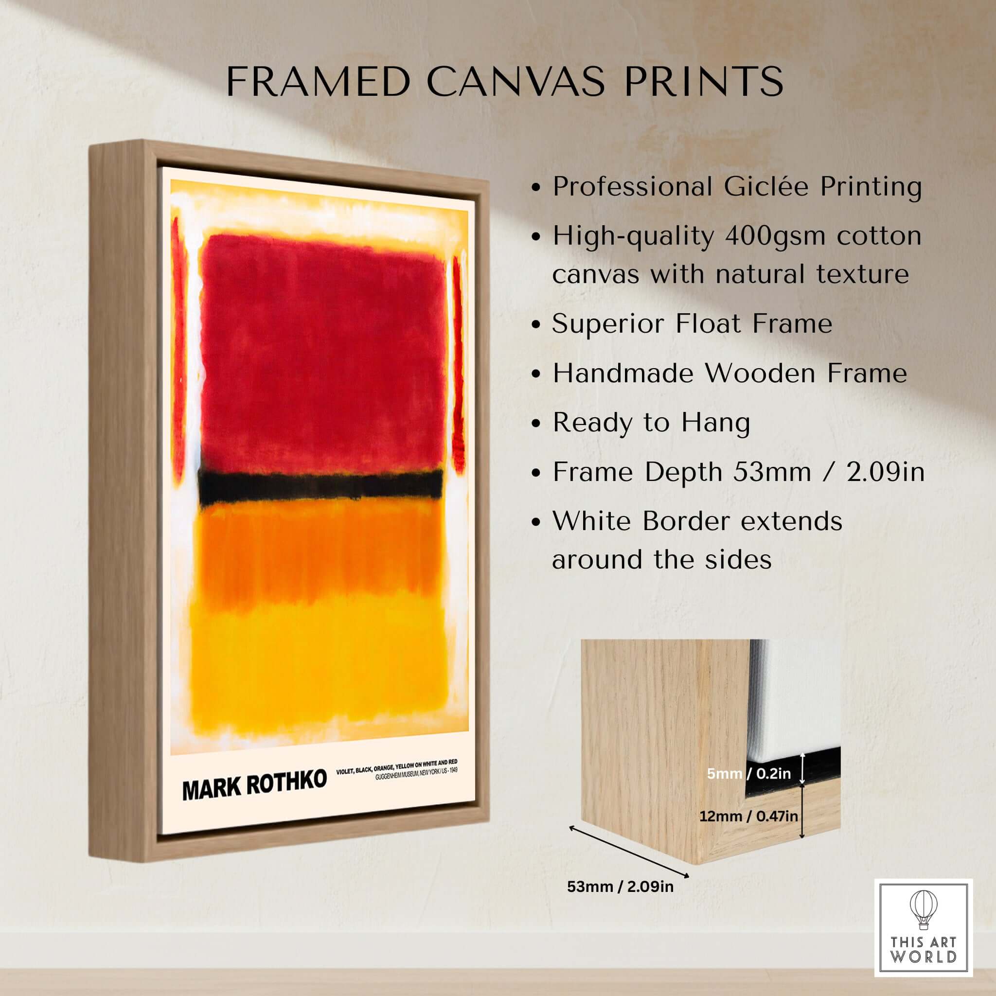 Mark Rothko Violet Black Orange Yellow 1949 Abstract Art Print Color Field Poster Guggenheim framed canvas with wooden frame.