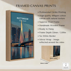 Rotterdam city skyline art print in a wooden float frame, quality canvas wall decor.