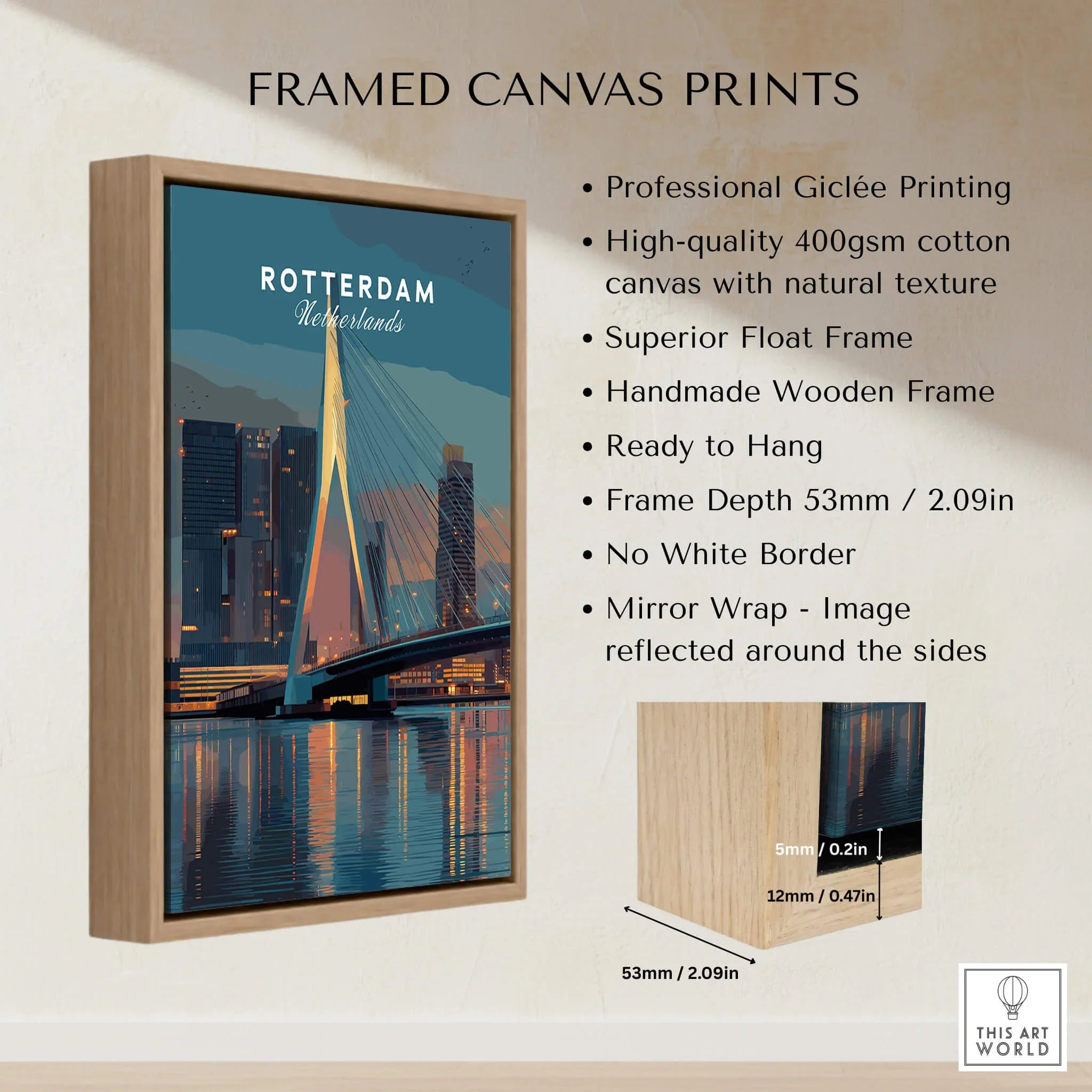 Rotterdam city skyline art print in a wooden float frame, quality canvas wall decor.