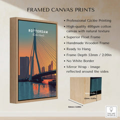 Framed canvas wall art featuring Rotterdam city skyline with float wooden frame and product details.