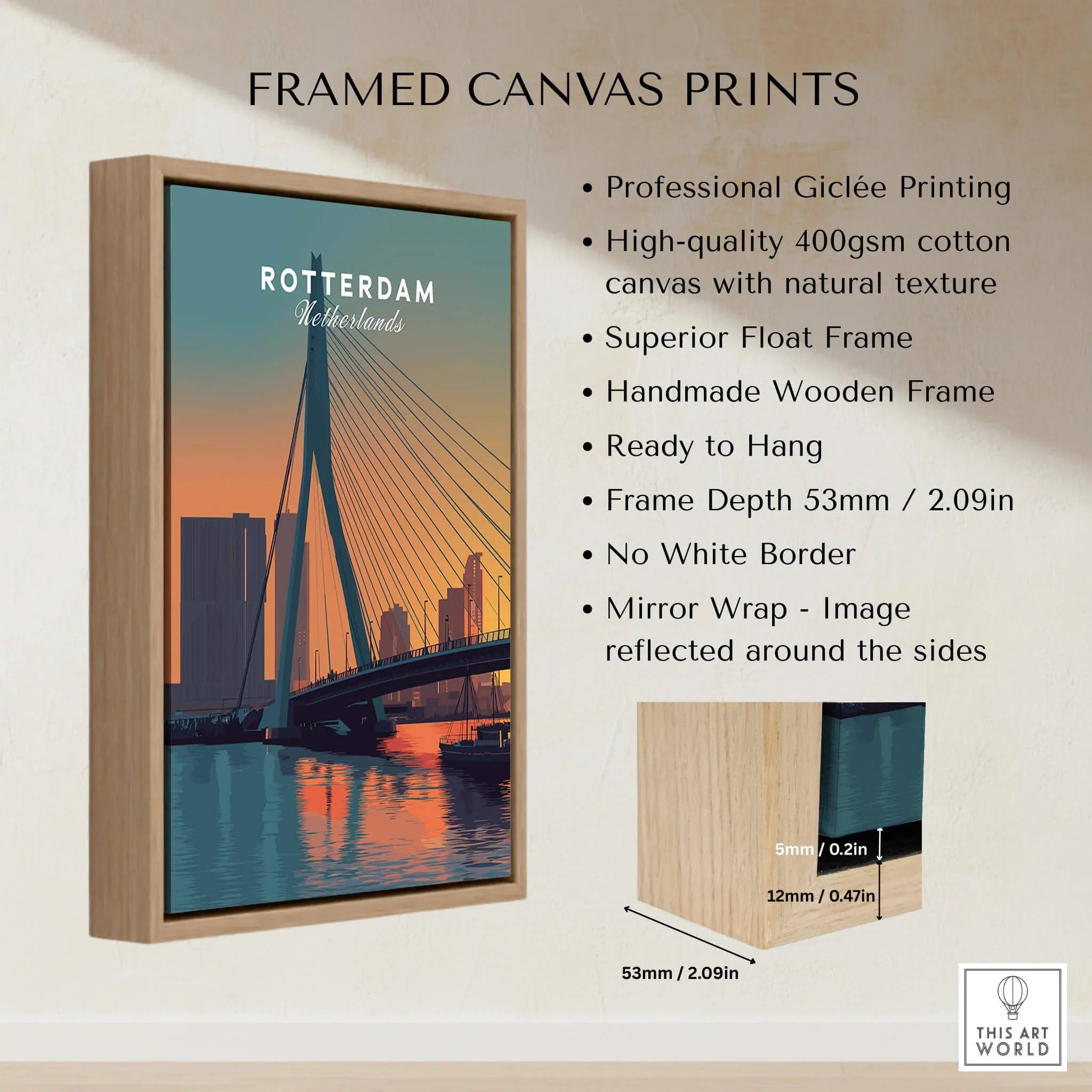Framed canvas wall art featuring Rotterdam city skyline with float wooden frame and product details.