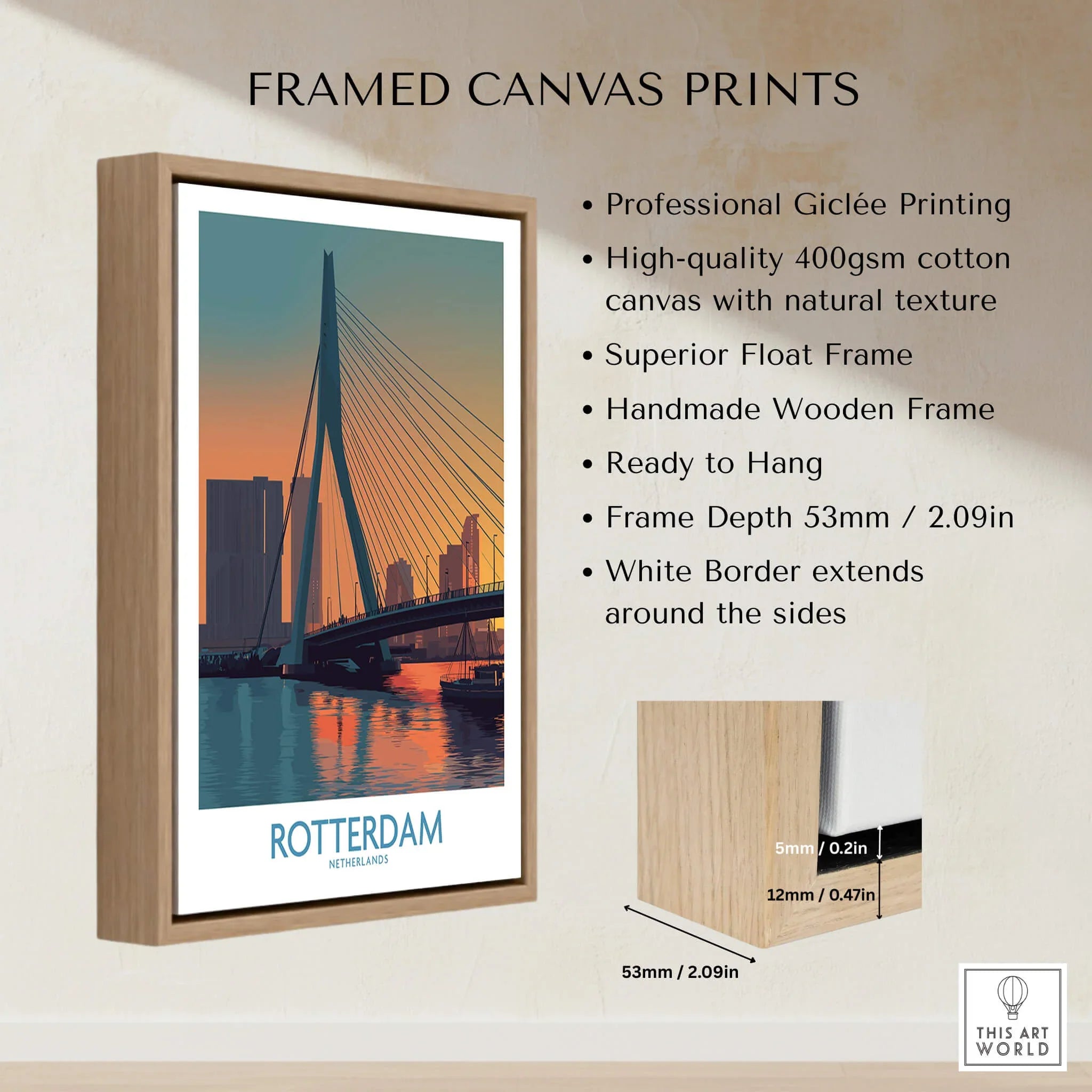 Framed Rotterdam city skyline canvas print with float frame and detailed product features.