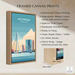 Framed canvas print of Rotterdam city skyline with float frame and professional details.