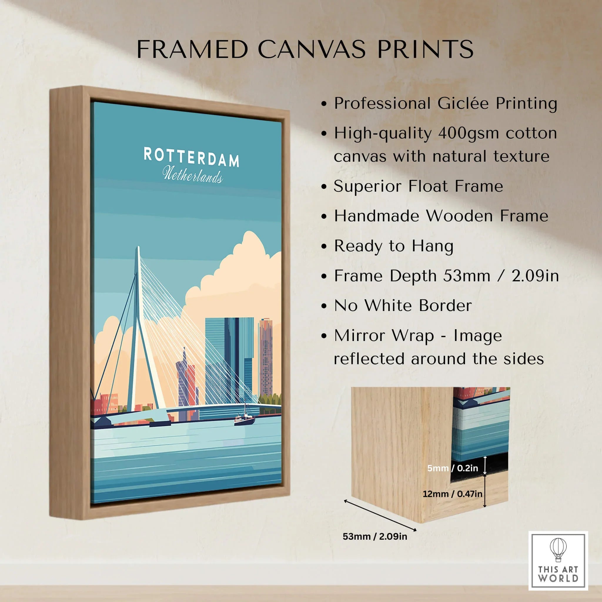 Framed canvas print of Rotterdam city skyline with float frame and professional details.