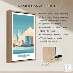 Framed canvas wall art of Rotterdam cityscape with float frame and product details