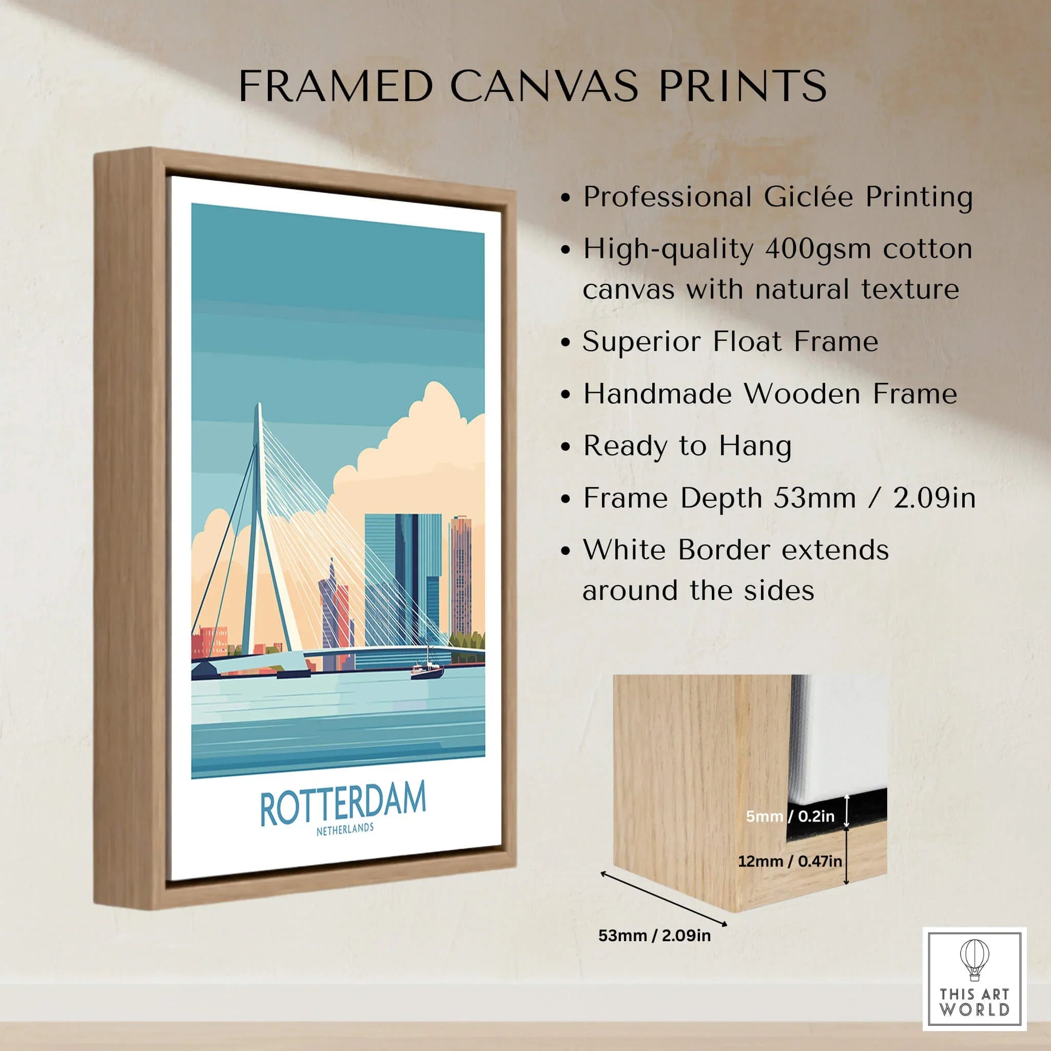 Framed canvas wall art of Rotterdam cityscape with float frame and product details