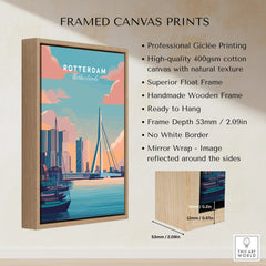 Rotterdam Netherlands travel poster in handmade wooden float frame, canvas wall art details