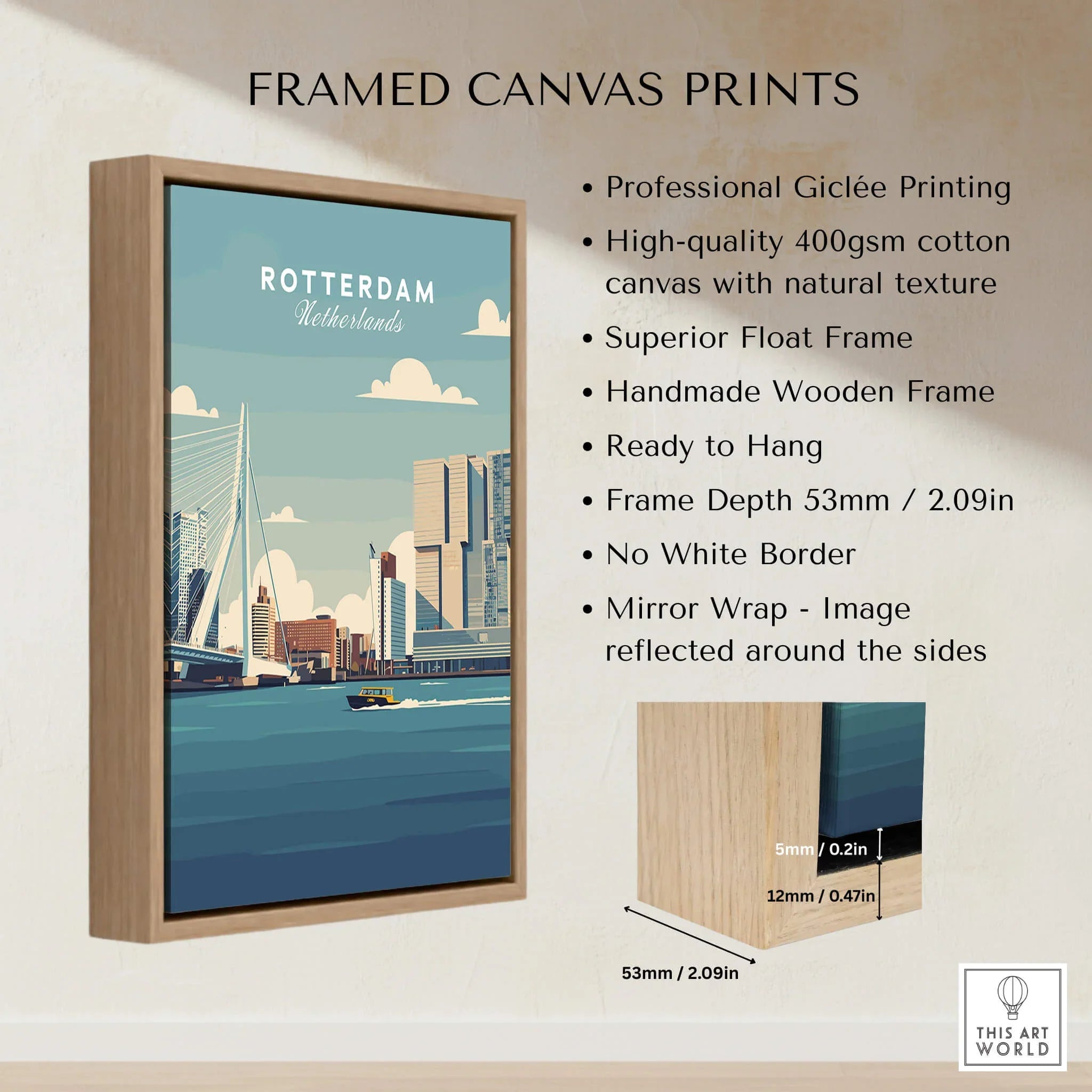 Framed canvas print of Rotterdam city skyline with wooden float frame, wall art product details