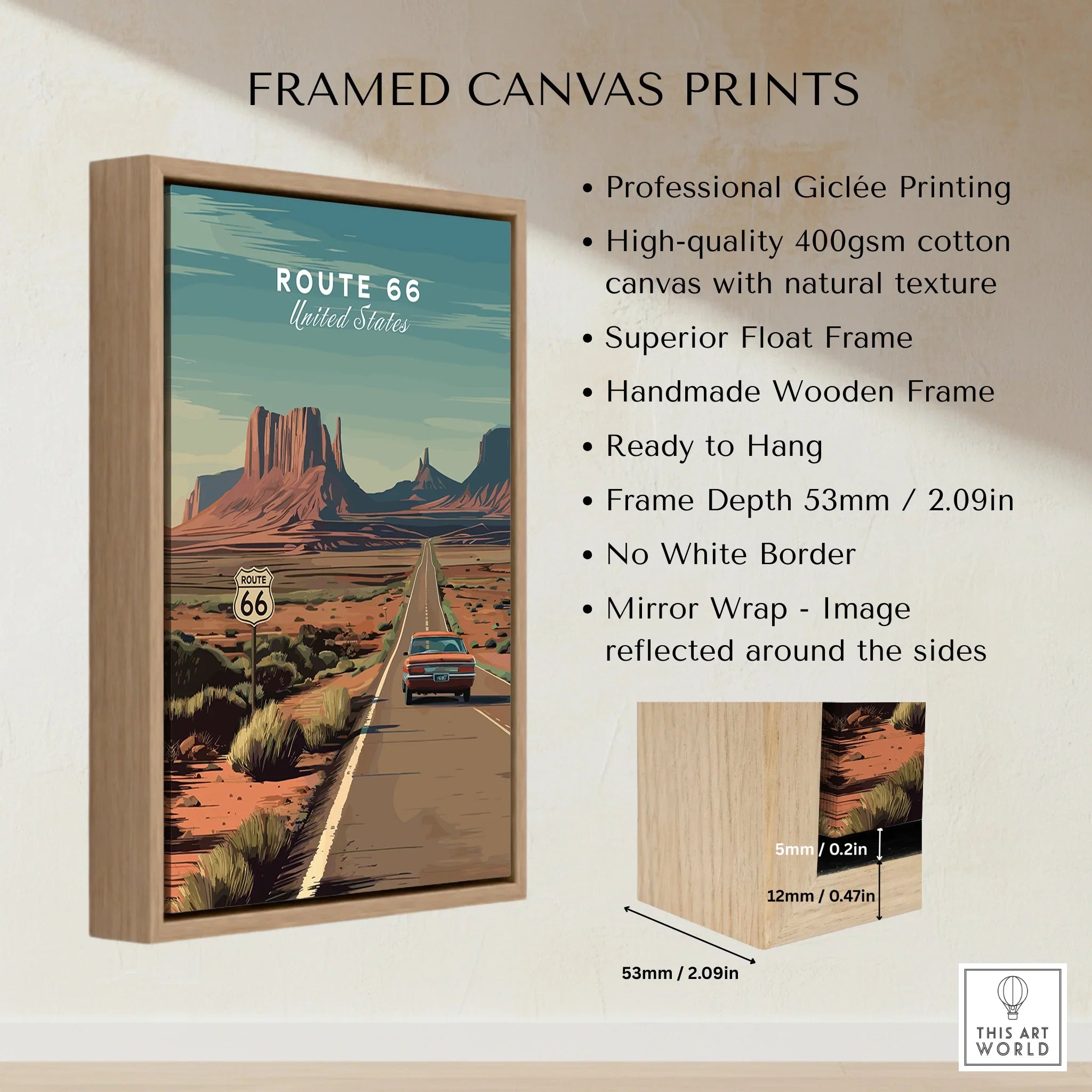 Framed canvas print of Route 66 desert landscape with float frame and print features listed