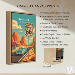 Framed Route 66 canvas wall art with vintage car, desert landscape, and wooden float frame.